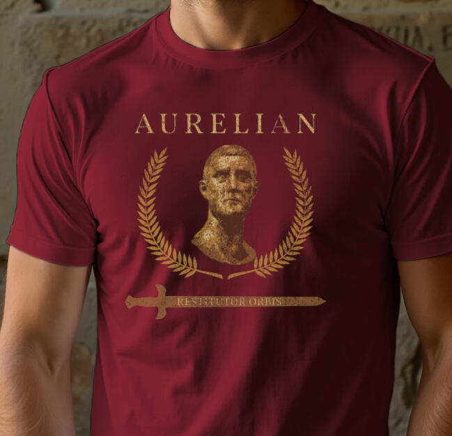 Aurelian Restitutor Orbis Roman Emperor t-shirt featuring ancient emperor portrait and Latin title Restorer of the World, classical Rome history apparel