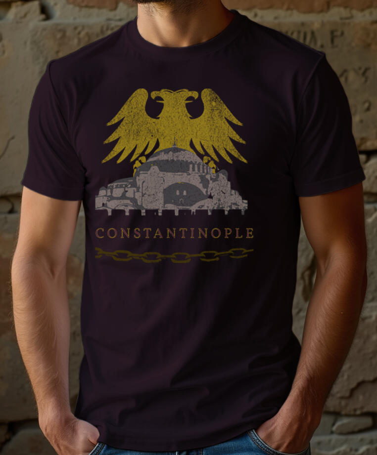 Constantinople Hagia Sophia t-shirt featuring Byzantine cathedral dome and imperial eagle, medieval Roman architecture historical apparel