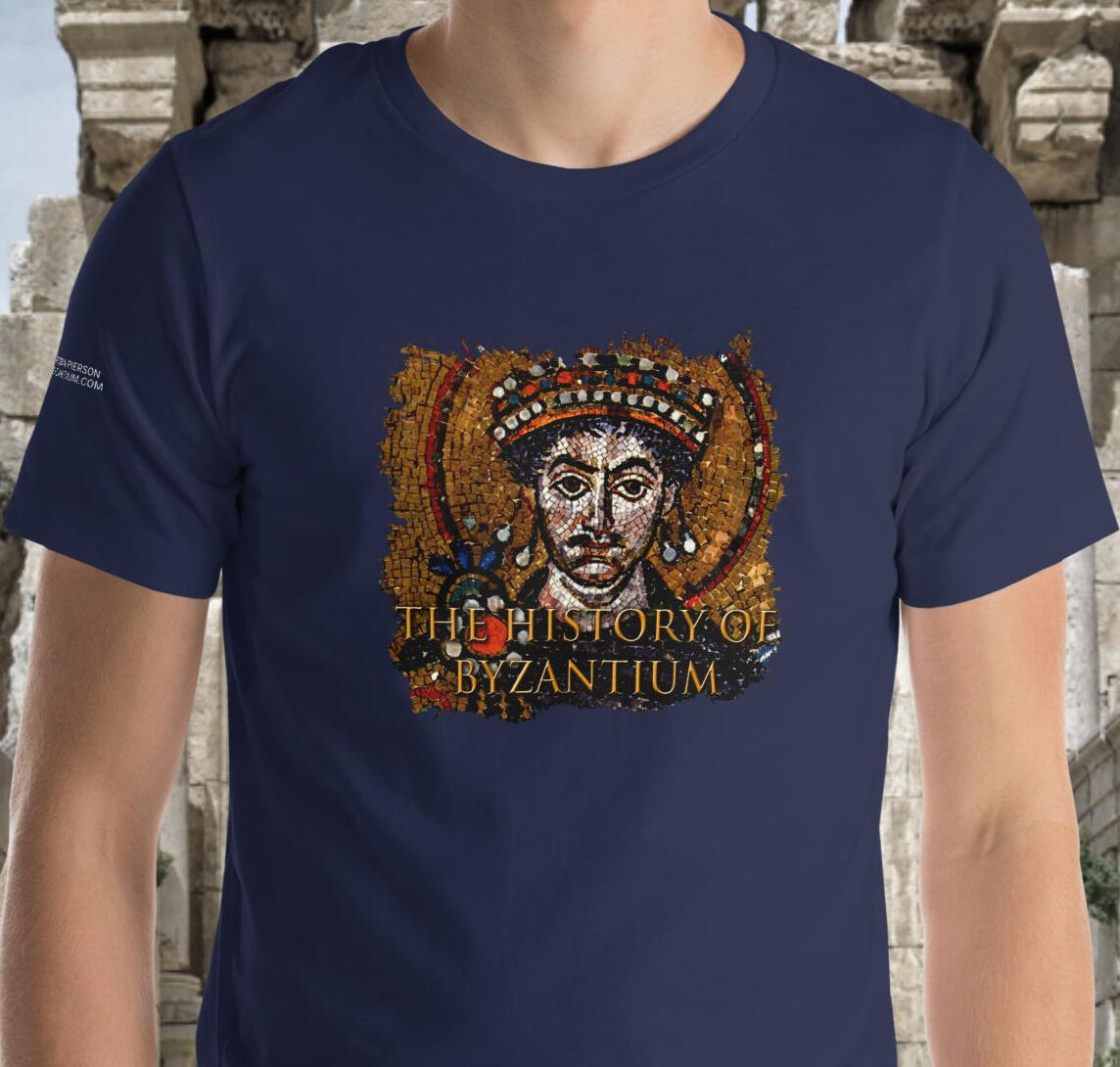 The History of Byzantium podcast official merchandise shirt featuring Justinian mosaic from Ravenna