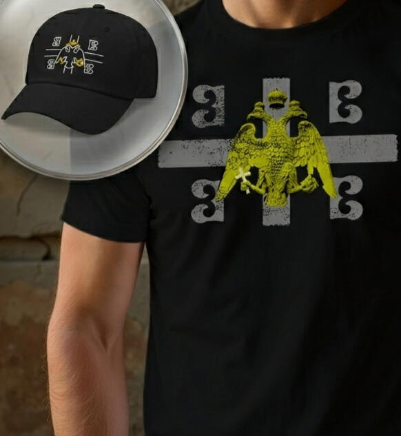 Byzantine Empire double-headed eagle t-shirt featuring imperial gold two-headed eagle emblem on black, Eastern Roman Empire symbol apparel, Byzantine flag